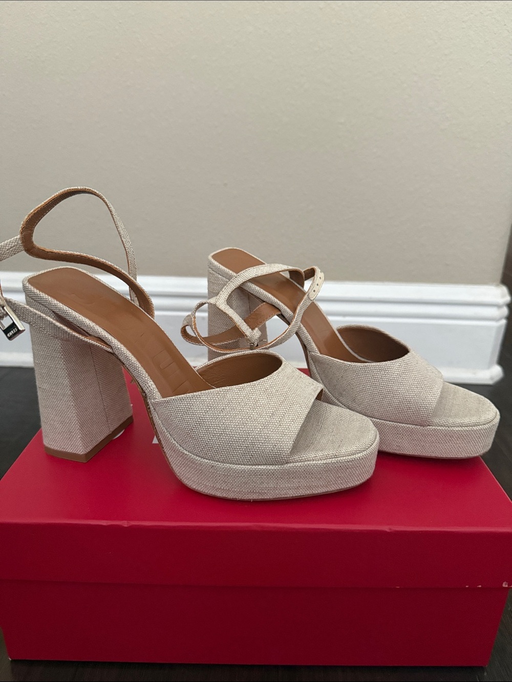 STAUD Natural Linen Platform Block Heels
